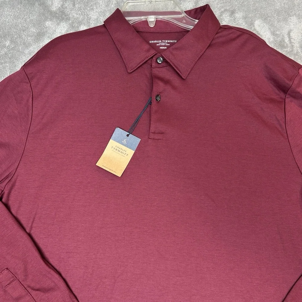 Charles Tyrwhitt Mens Medium Long Sleeves Polo Wine Red Shirt 100% Cotton Shirt - Picture 13 of 16